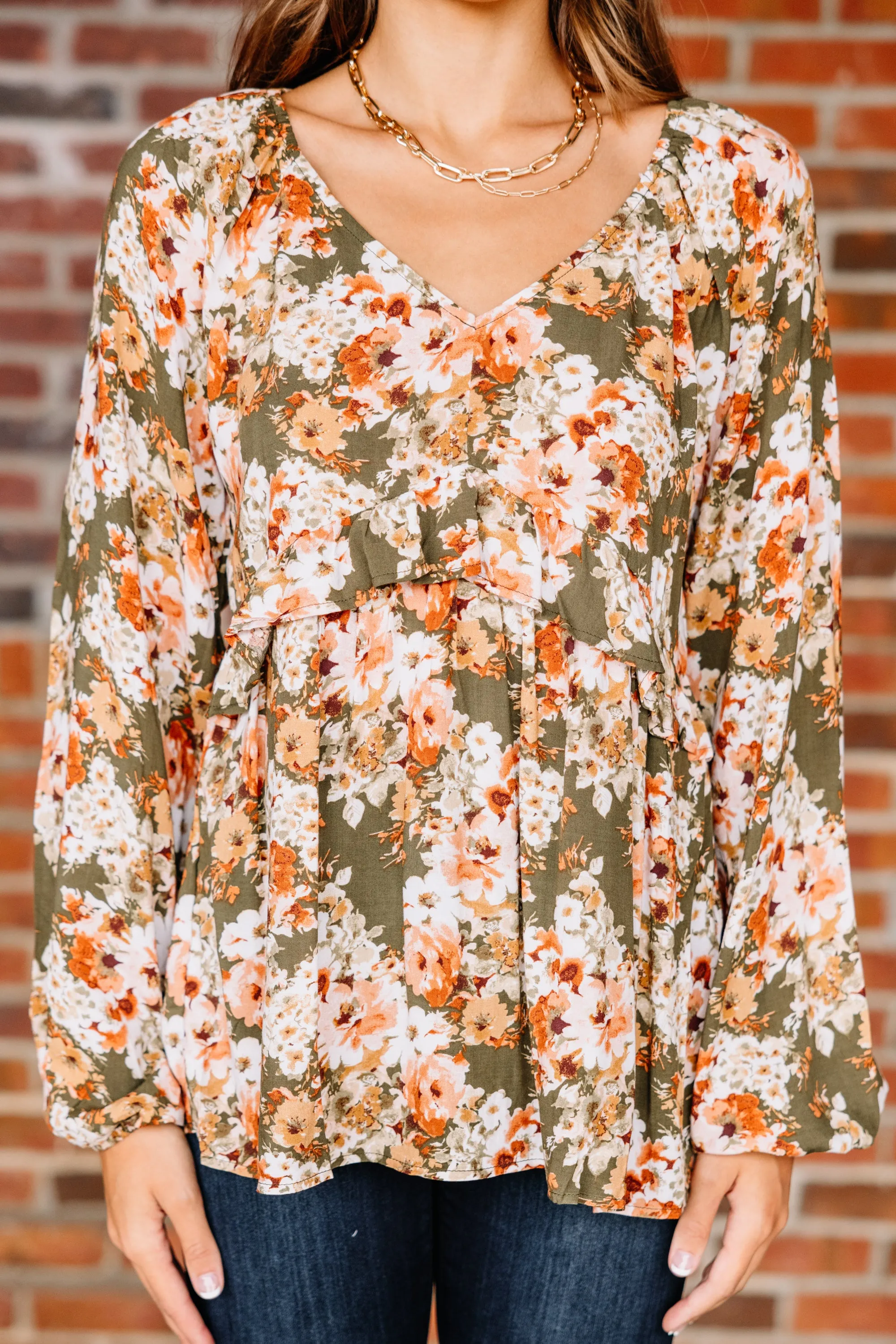 Live For Fun Olive Green Floral Blouse