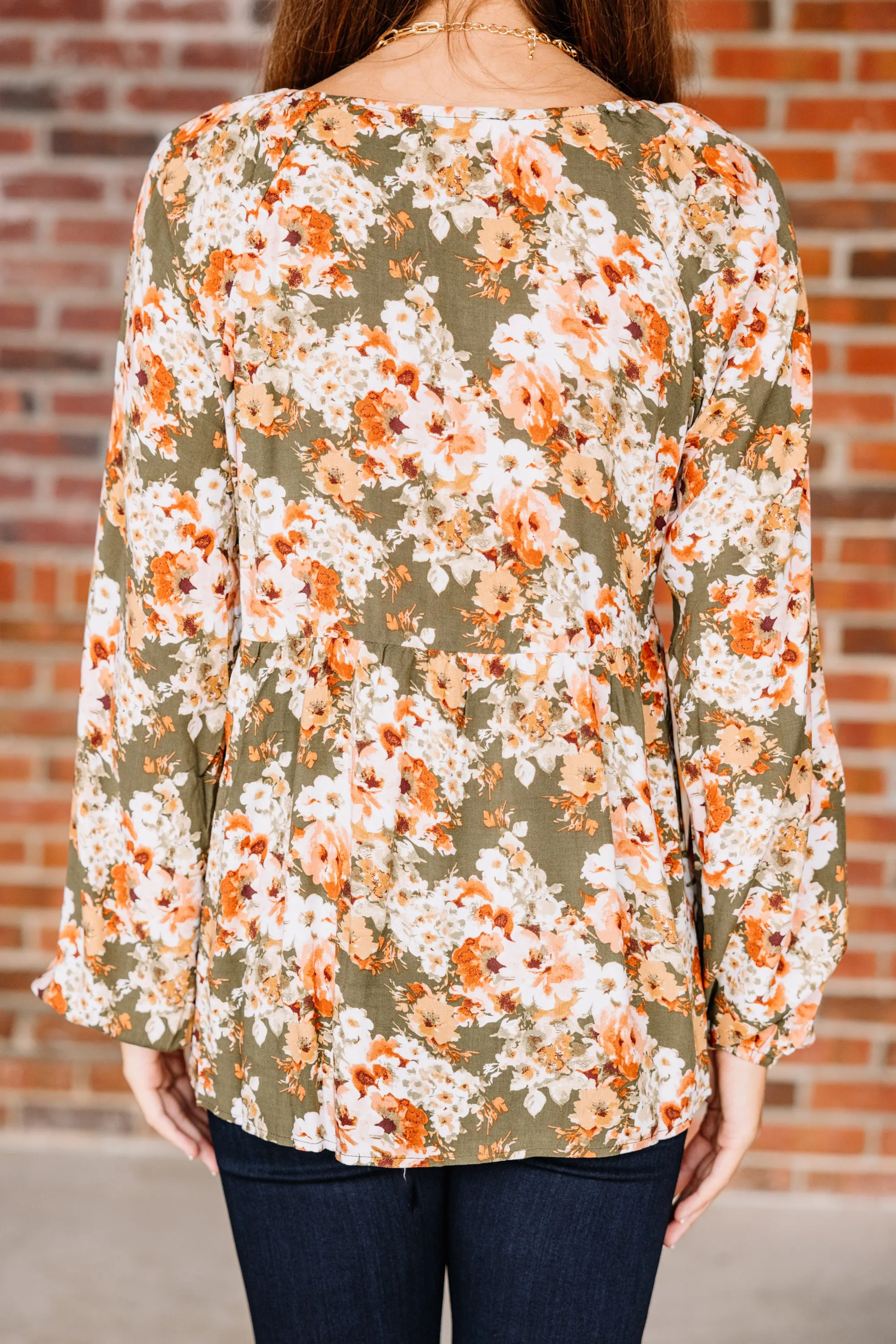 Live For Fun Olive Green Floral Blouse