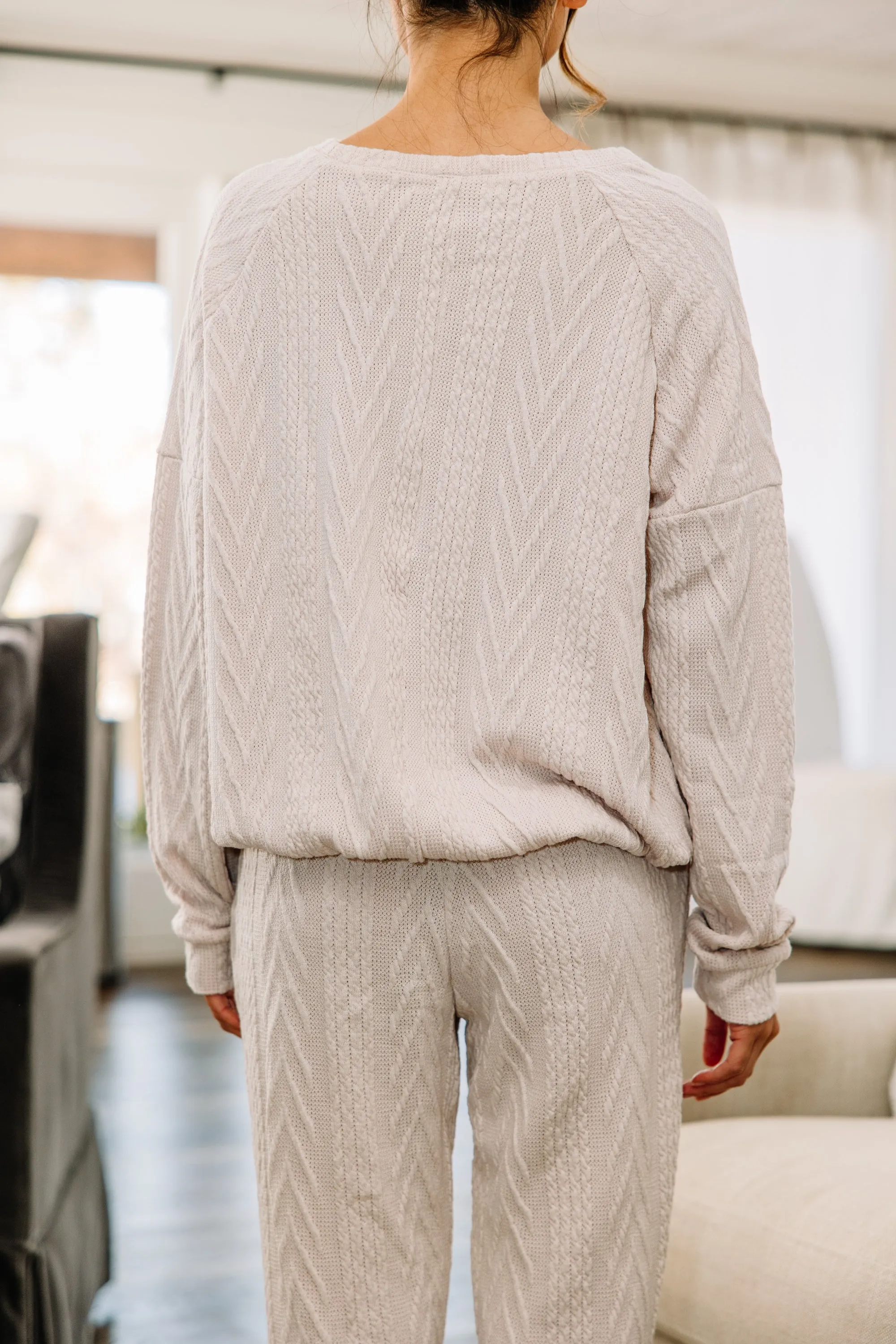Living The Dream Oatmeal White Cable Knit Pajama Top