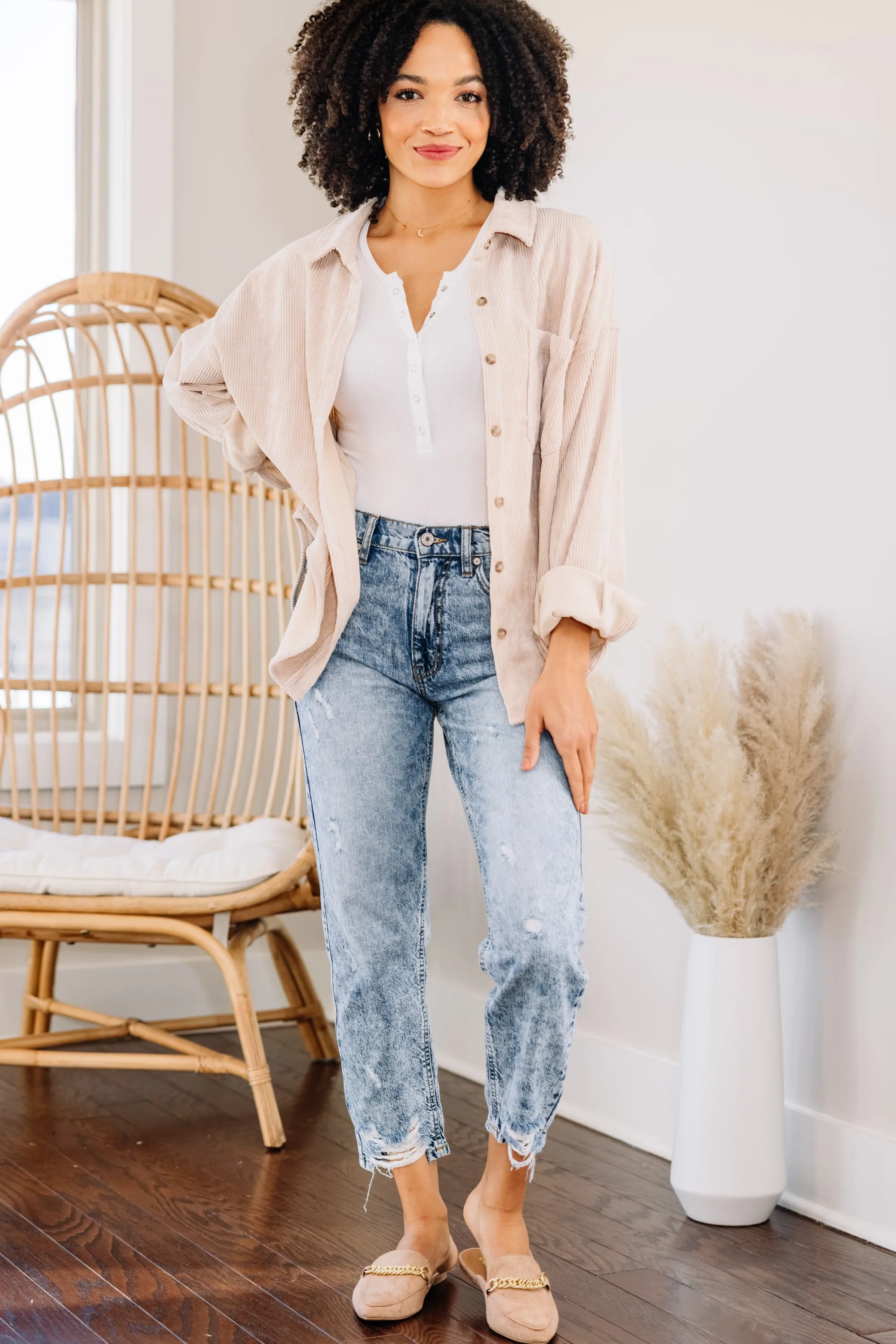 Look This Way Sand White Corduroy Shacket