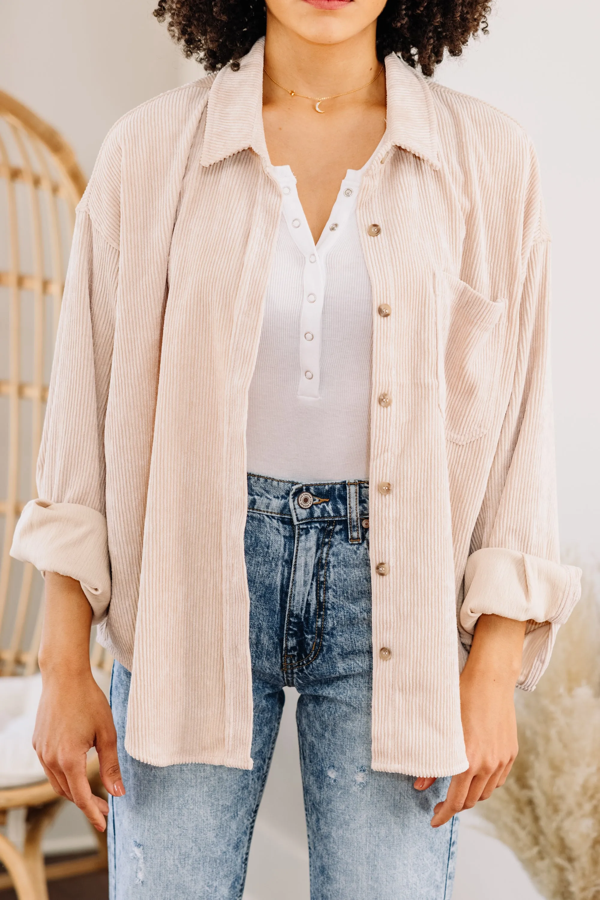 Look This Way Sand White Corduroy Shacket