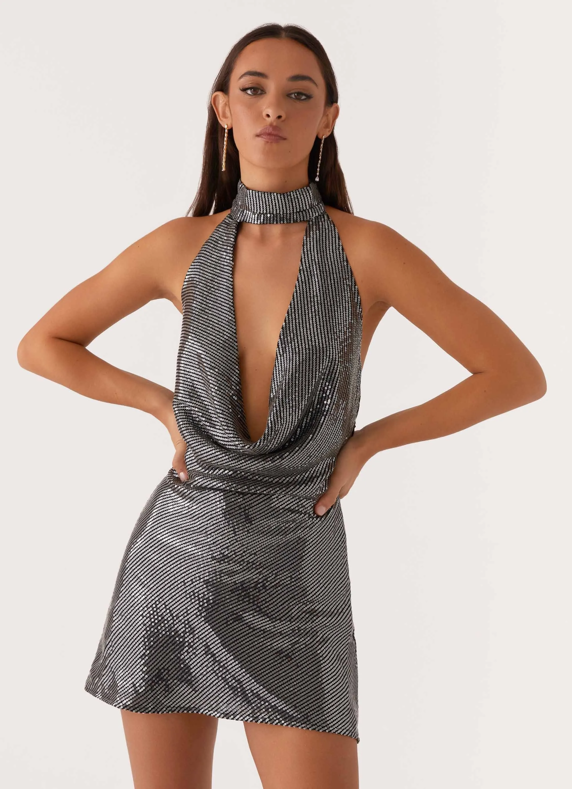 Nora Sequin Cowl Neck Mini Dress - Black