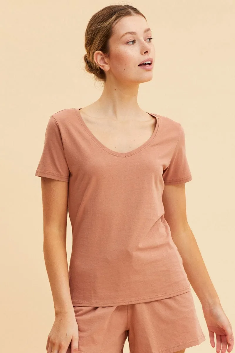Orange V Neck T-Shirt Cotton Regular Fit Cotton