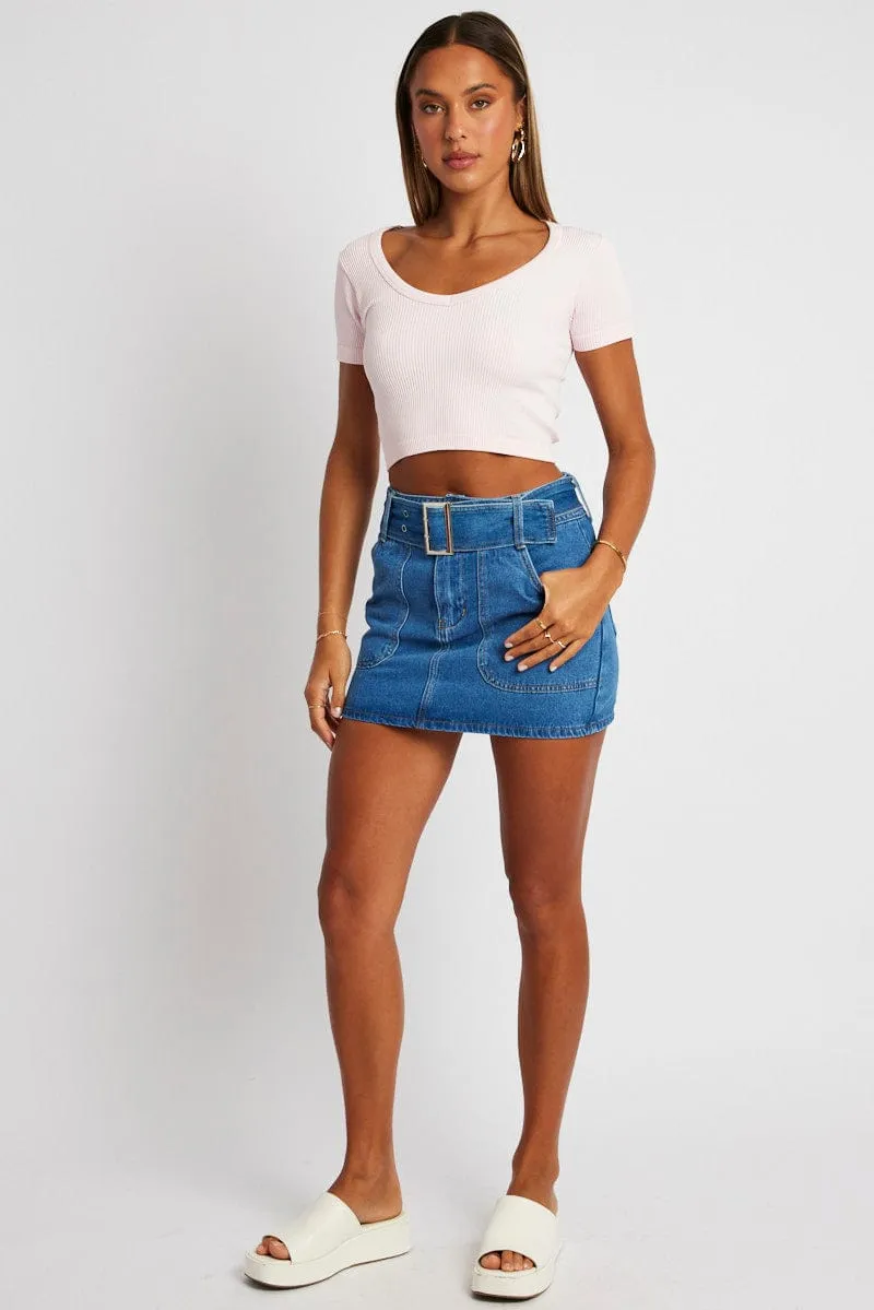 Pink Crop T Shirt Short Sleeve V Neck Seamless