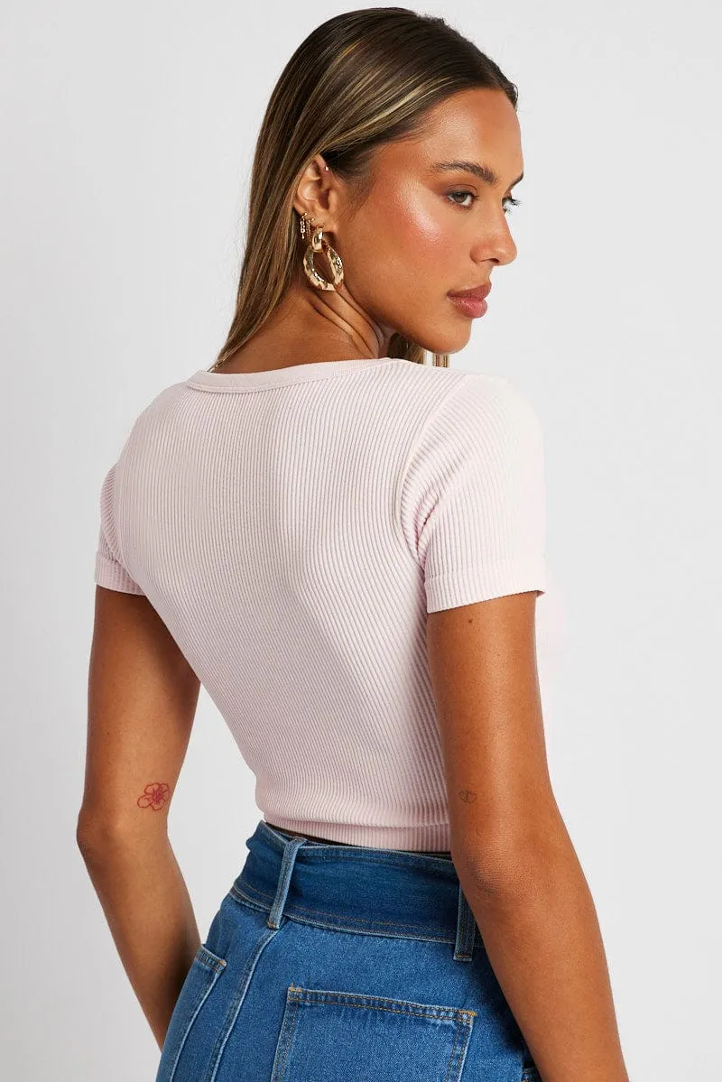 Pink Crop T Shirt Short Sleeve V Neck Seamless