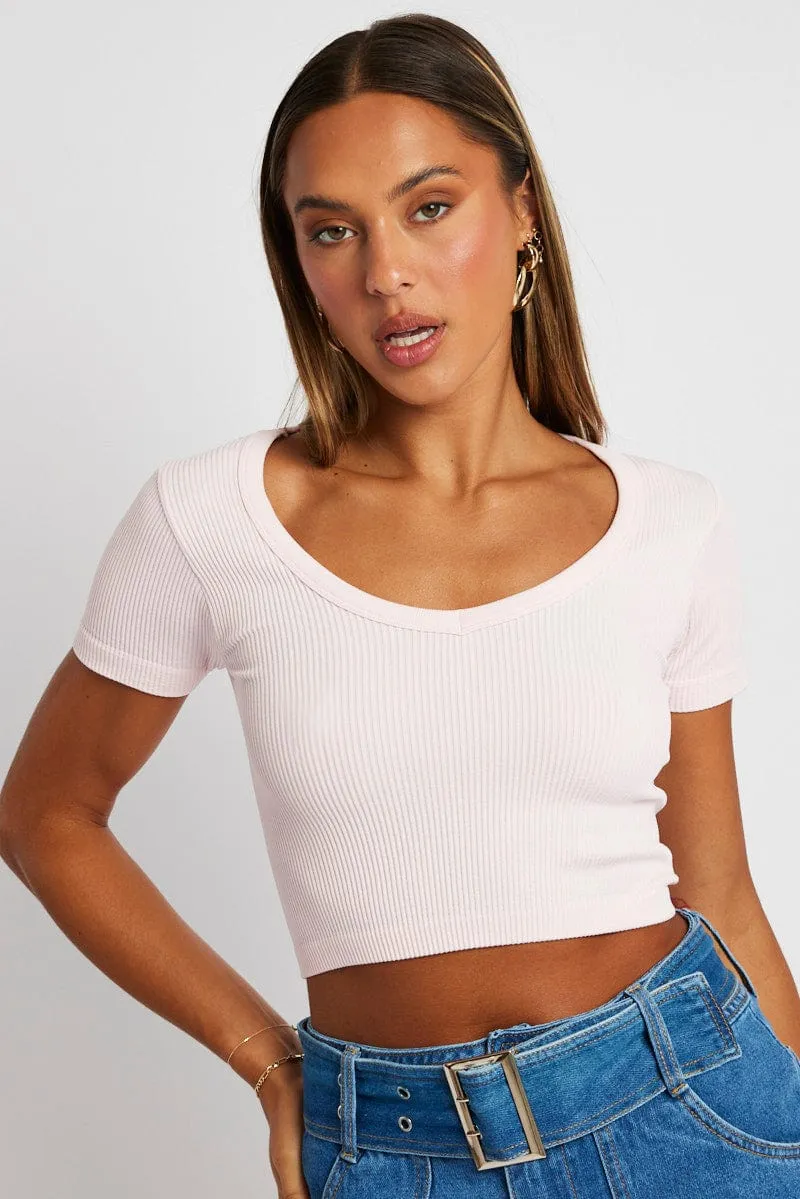 Pink Crop T Shirt Short Sleeve V Neck Seamless