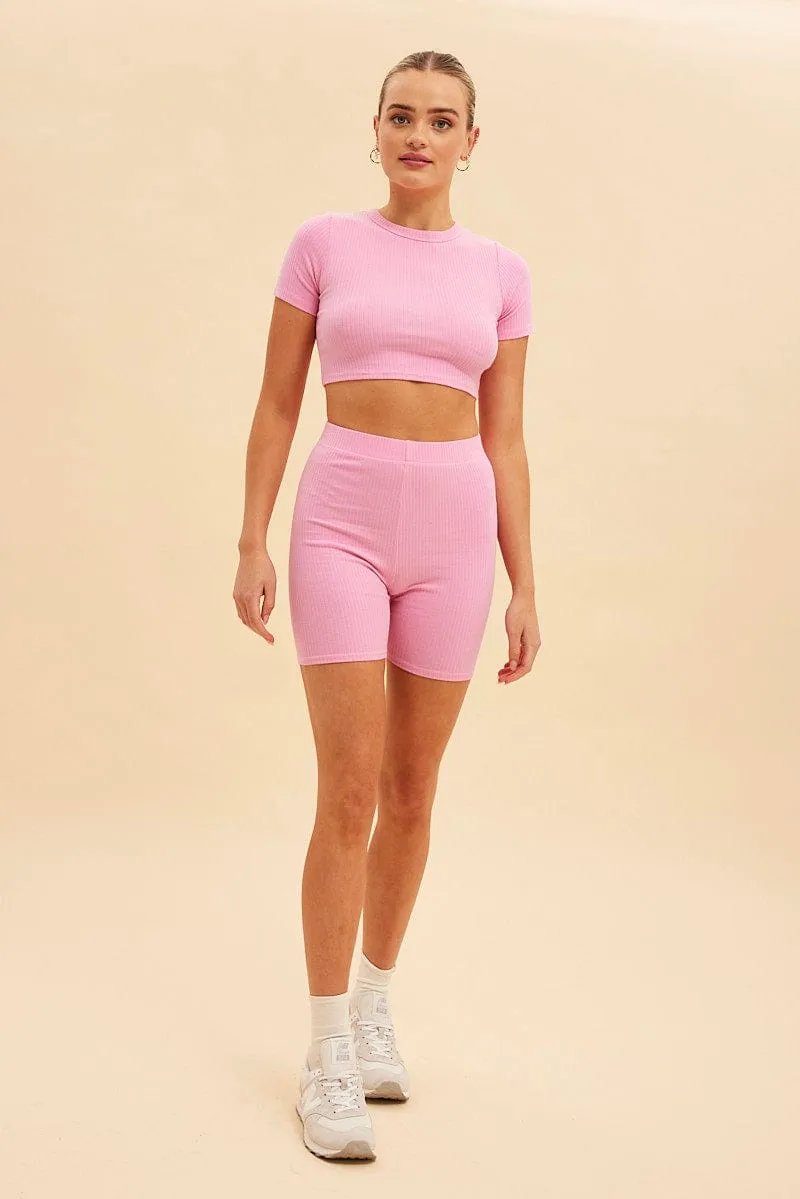 Pink Prea Rib Crew Neck Short Sleeve Crop Baby T-Shirt