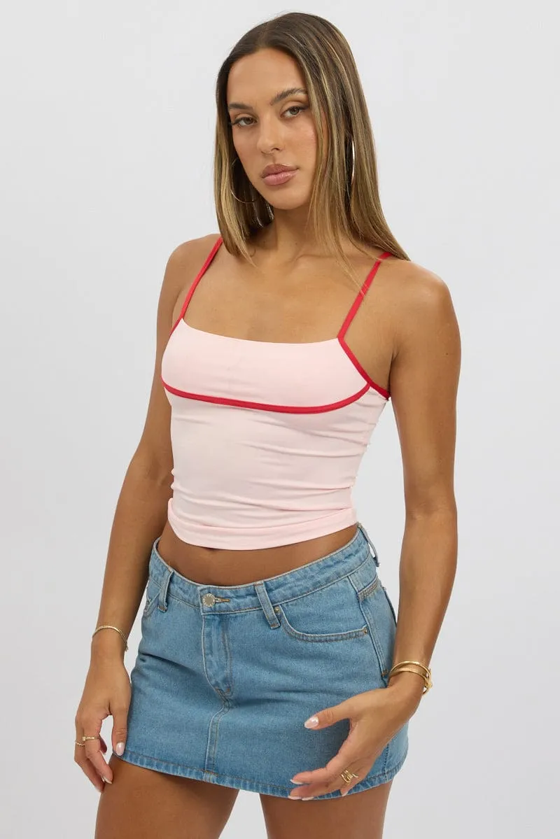 Pink Singlet Top Contrast Piping
