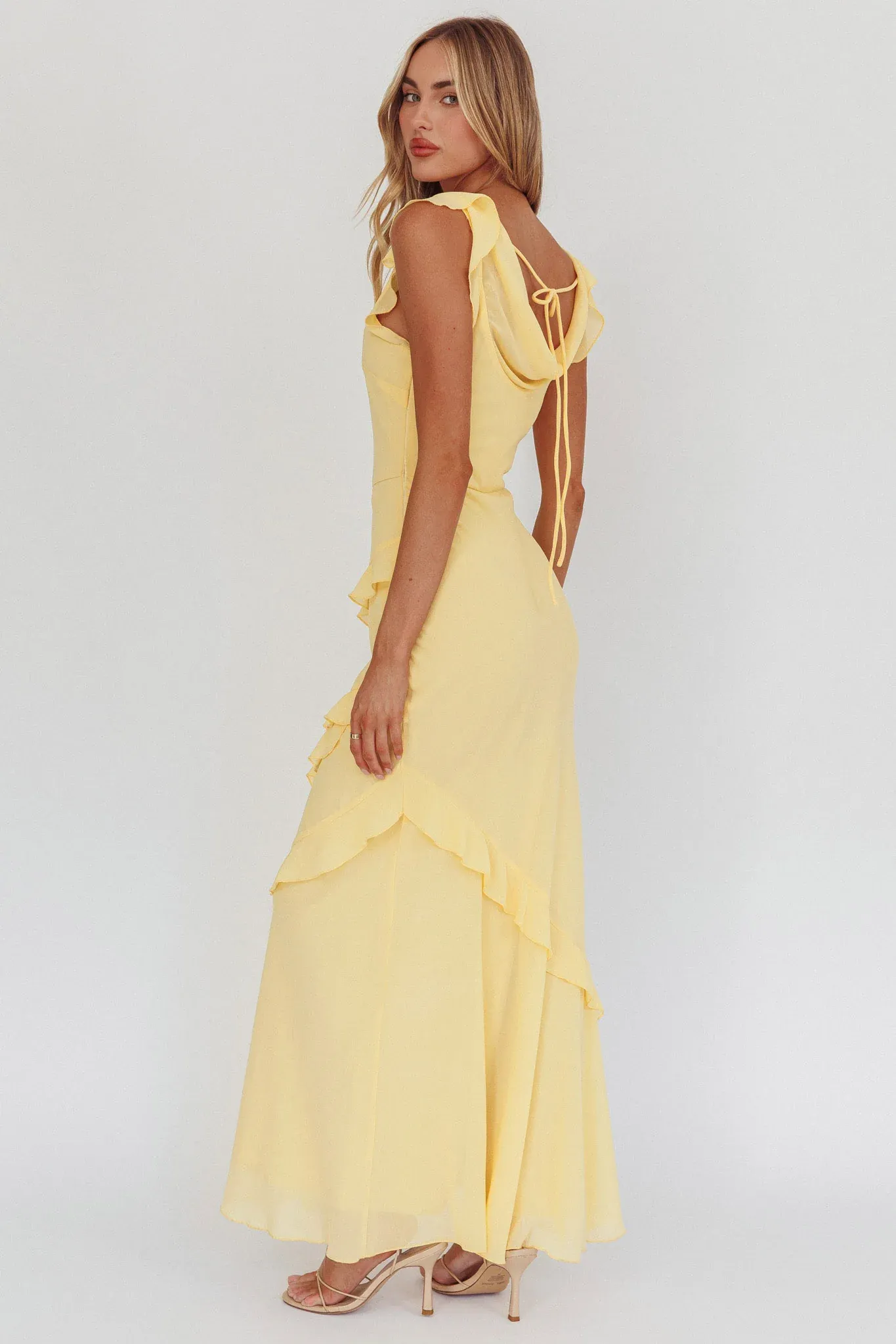 Sangria Cowl Neck Frill Maxi Dress Lemon