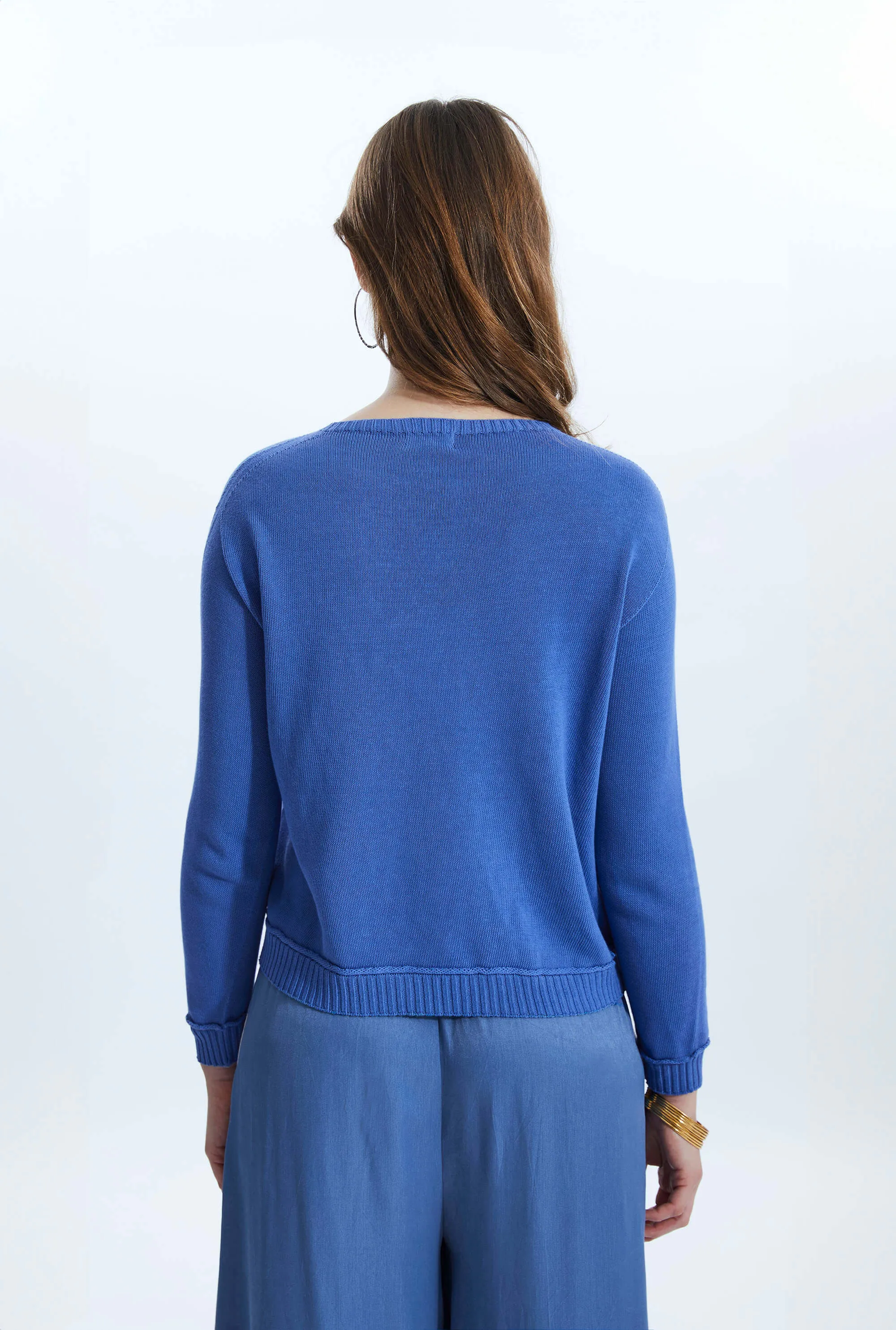 Scoop Neck Piped Edge Knit Denim