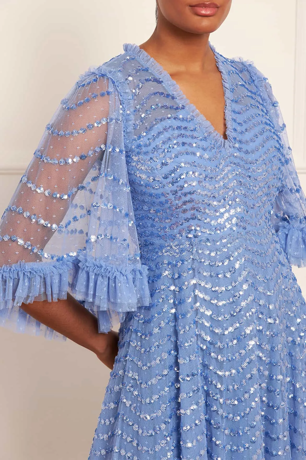 Shimmer Wave Gloss V-Neck Ankle Gown
