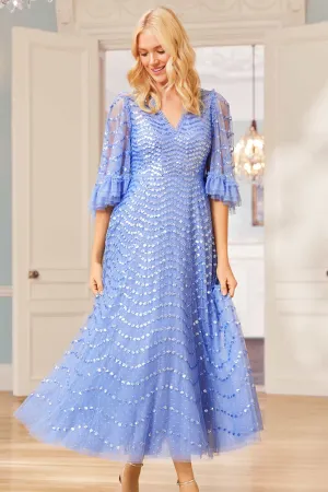 Shimmer Wave Gloss V-Neck Ankle Gown