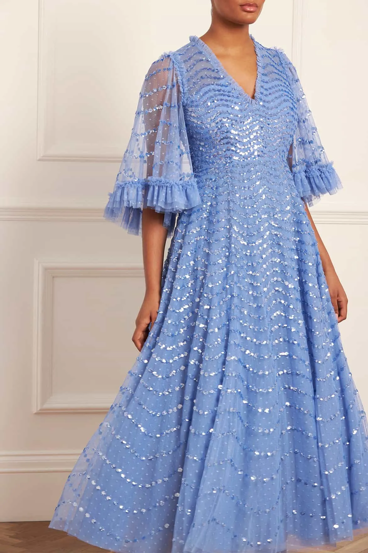 Shimmer Wave Gloss V-Neck Ankle Gown