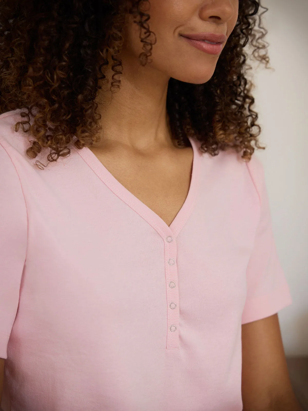 Short Sleeve Rib Henley Top - Pink