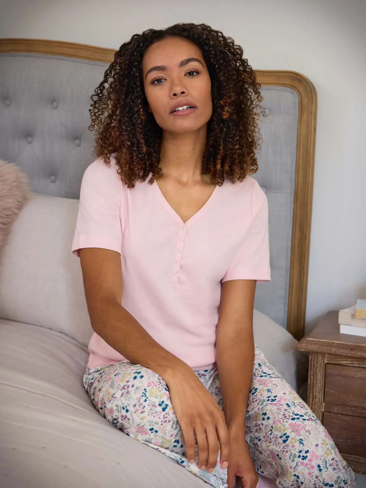 Short Sleeve Rib Henley Top - Pink
