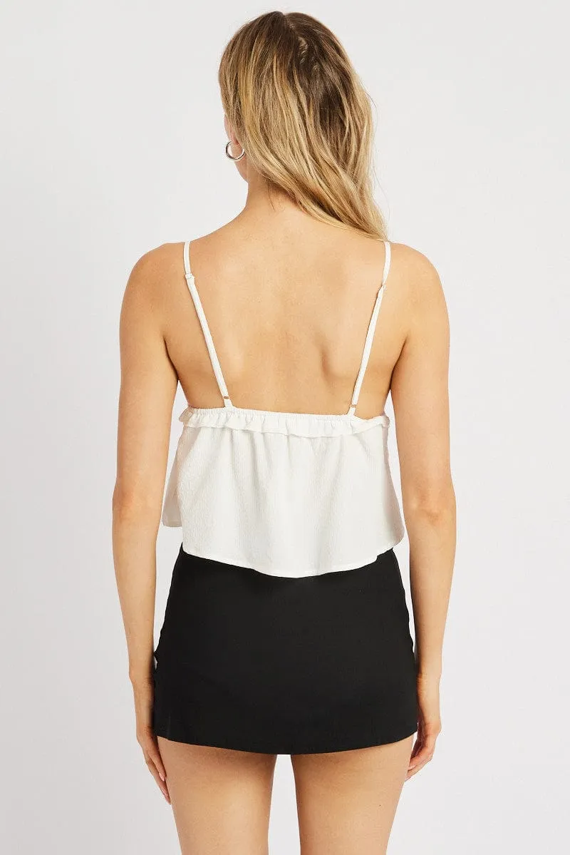 White Cami Top Ribbon Textured Frill