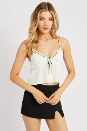 White Cami Top Ribbon Textured Frill