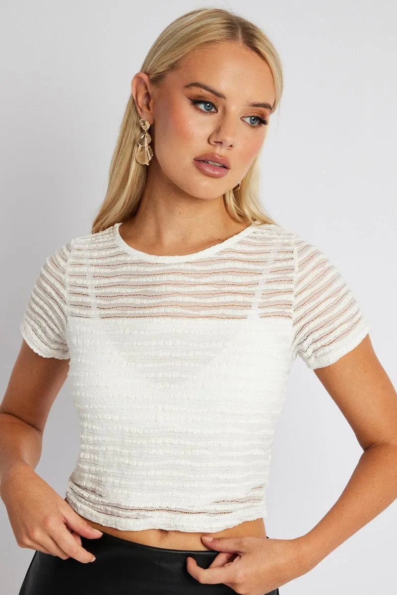 White Crop Top Short Sleeve Textured