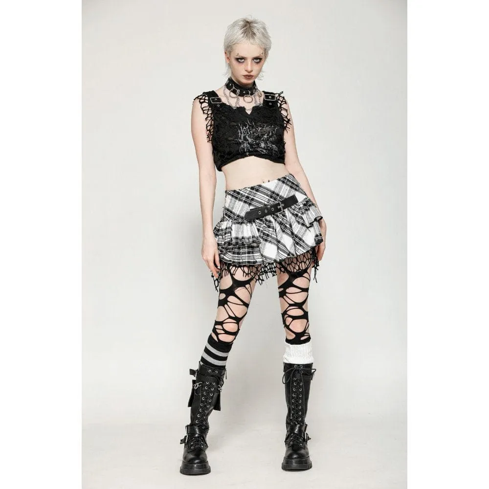 Women's Punk Mesh Splice Plaid Pleated Skirt