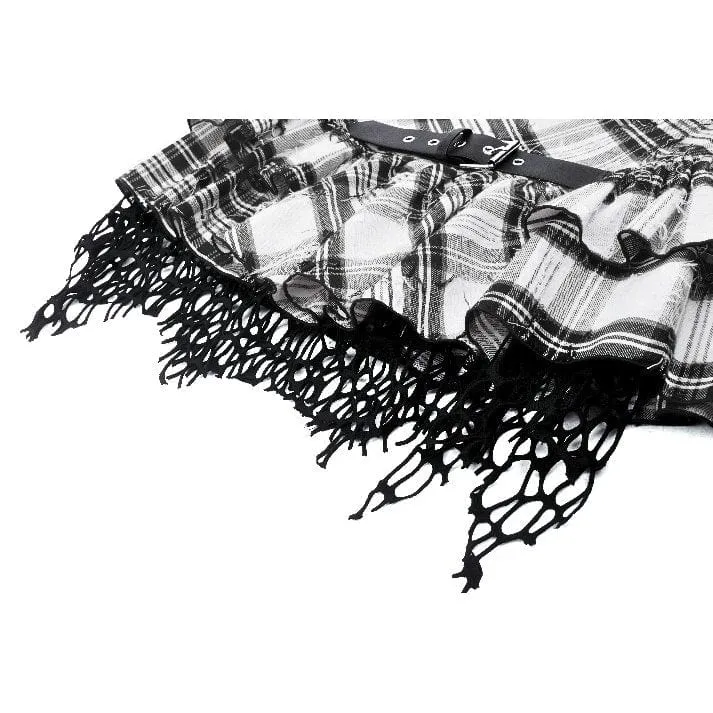 Women's Punk Mesh Splice Plaid Pleated Skirt