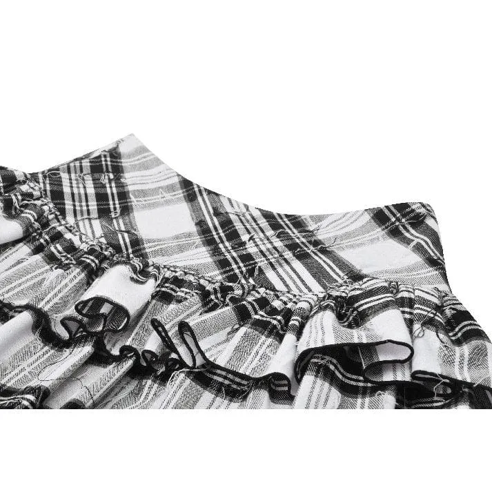 Women's Punk Mesh Splice Plaid Pleated Skirt