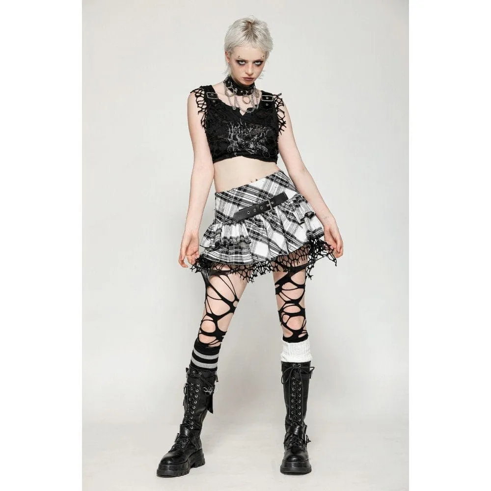 Women's Punk Mesh Splice Plaid Pleated Skirt