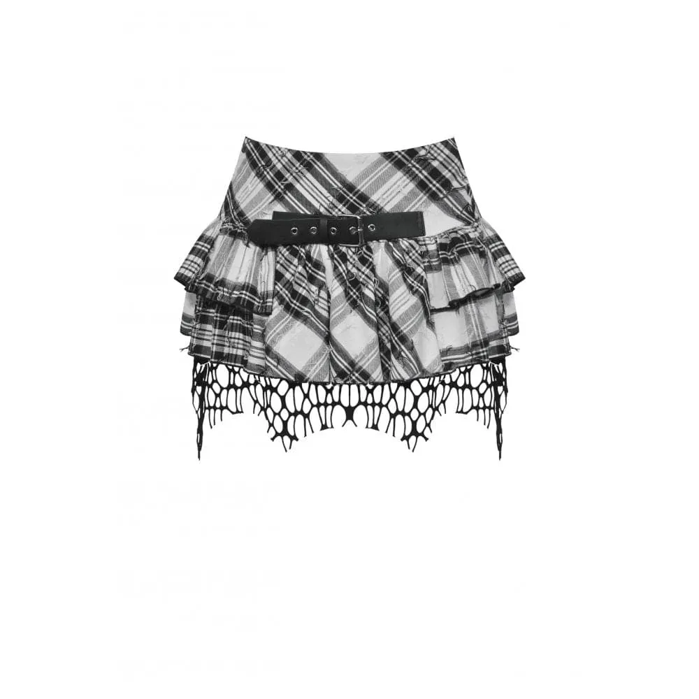 Women's Punk Mesh Splice Plaid Pleated Skirt