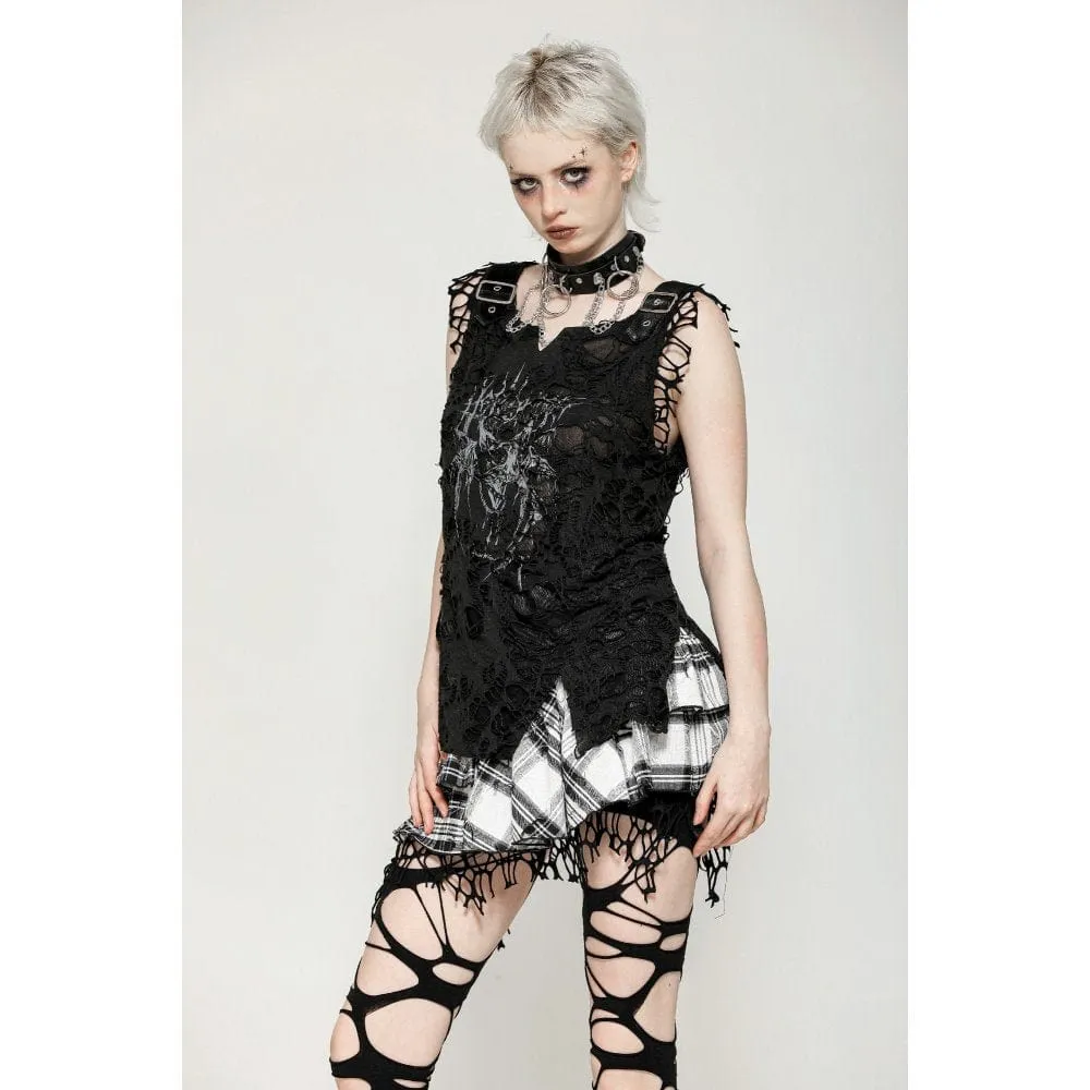 Women's Punk Mesh Splice Plaid Pleated Skirt
