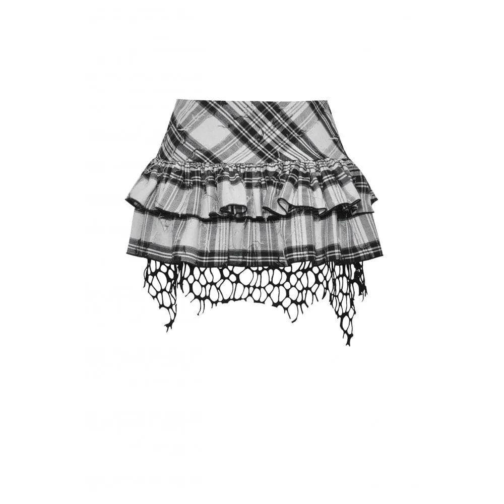 Women's Punk Mesh Splice Plaid Pleated Skirt