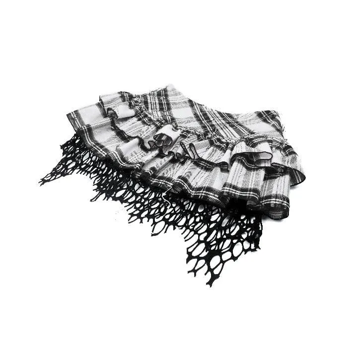 Women's Punk Mesh Splice Plaid Pleated Skirt